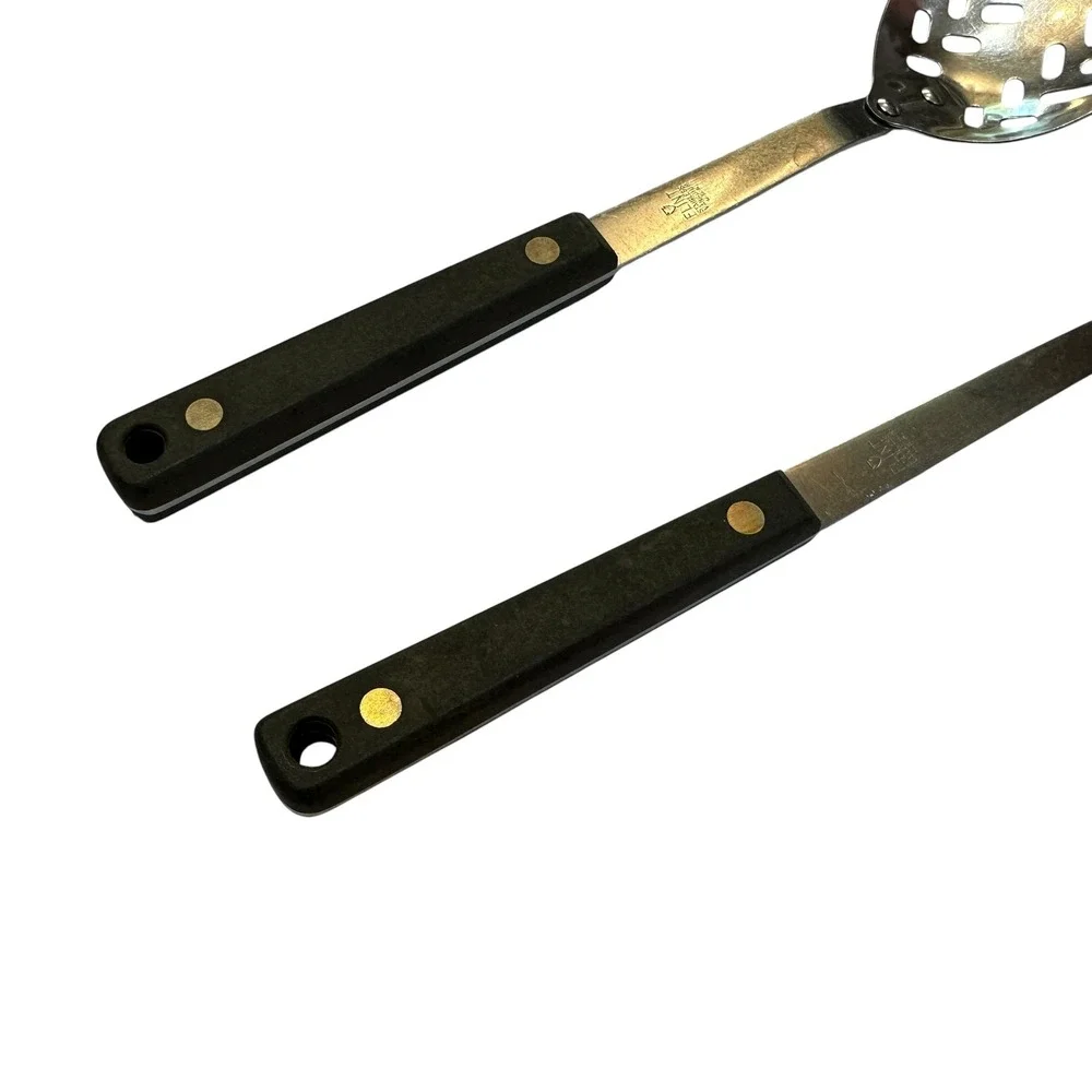 Vintage‎ Flint Ekco Stainless Vanadium Slotted Spoon and Spatula Set USA Black